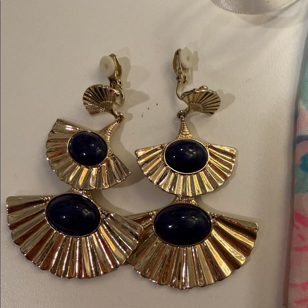Lilly Pulitzer Gold Fan Drop Earrings with Dark Blue Cabochons